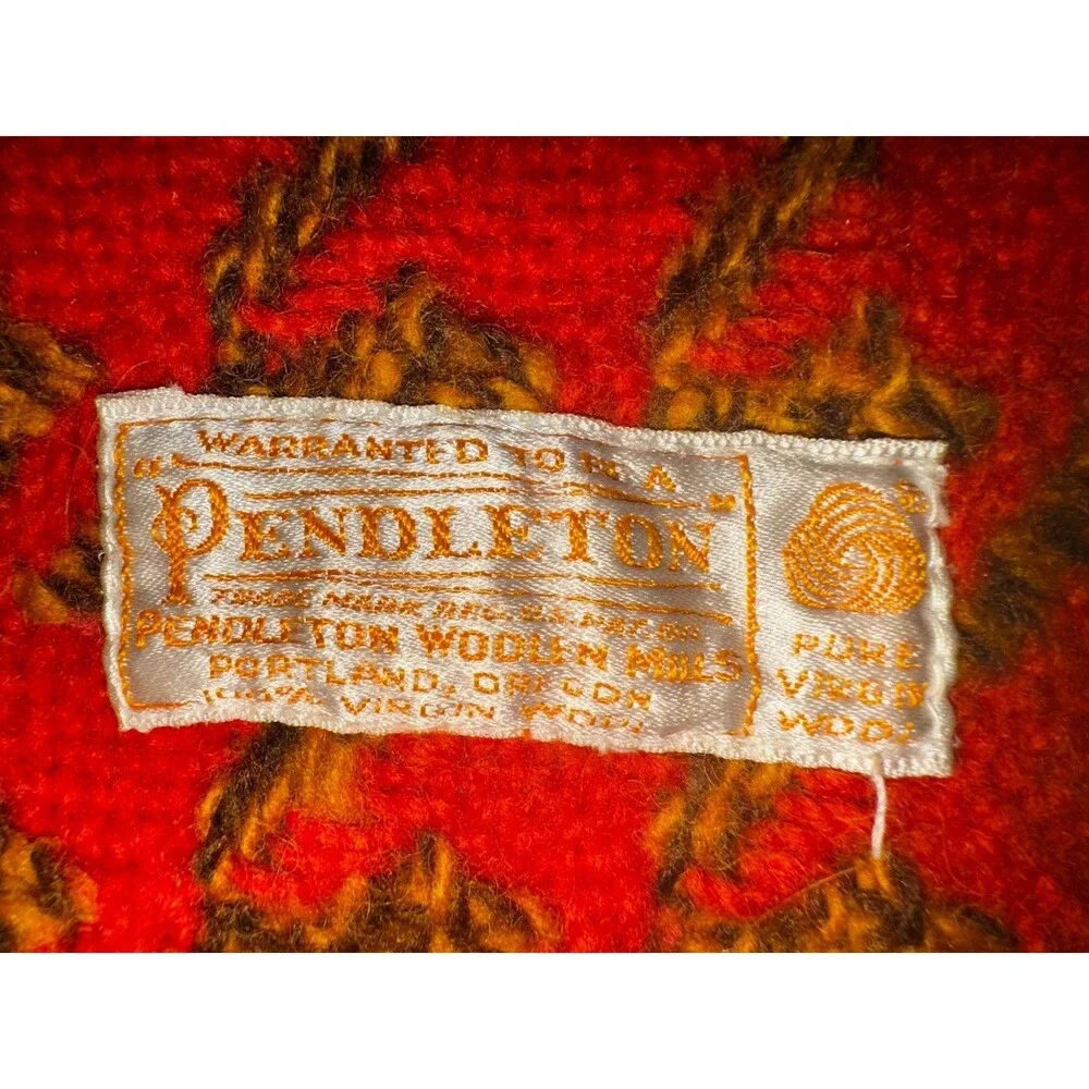 Vintage 60s 70s Pendleton Wool Houndstooth Fringed Throw Blanket Orange 53 x 62